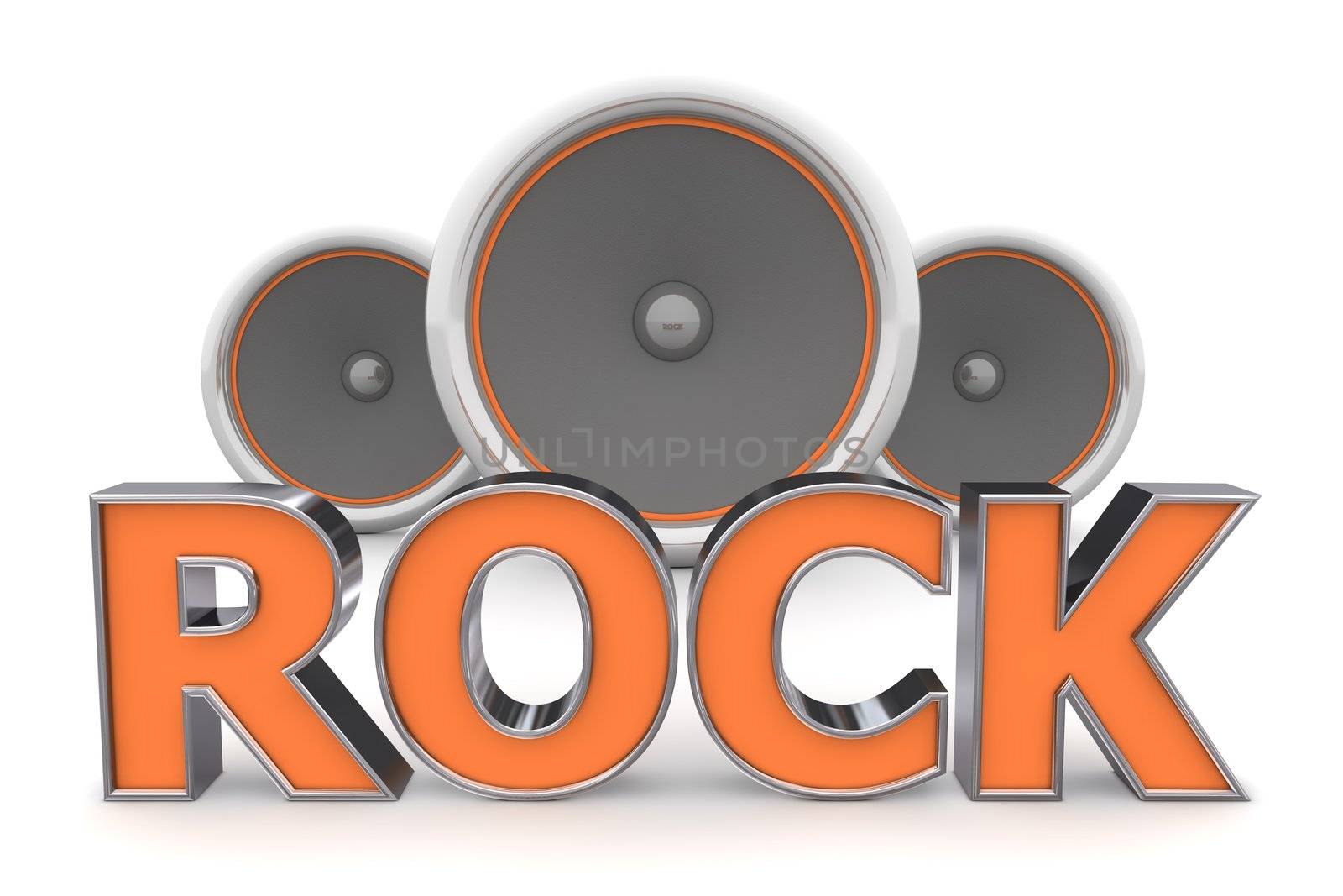 word Rock with three speakers in background - orange style