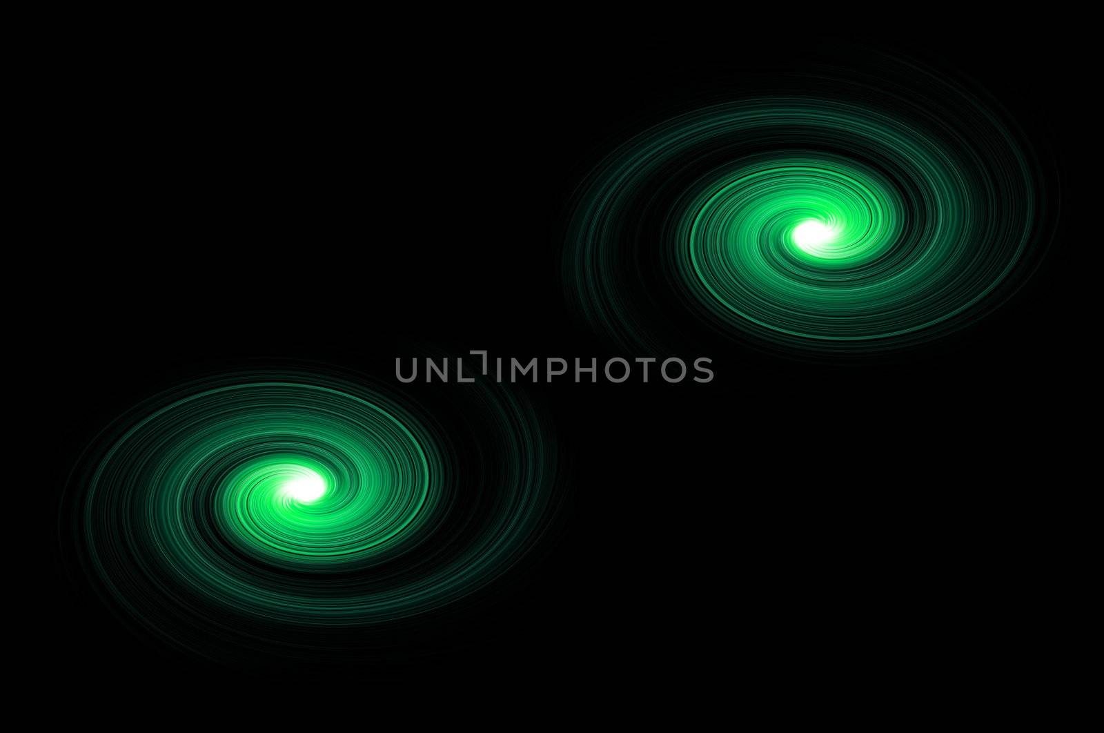Two green light swirls against black background