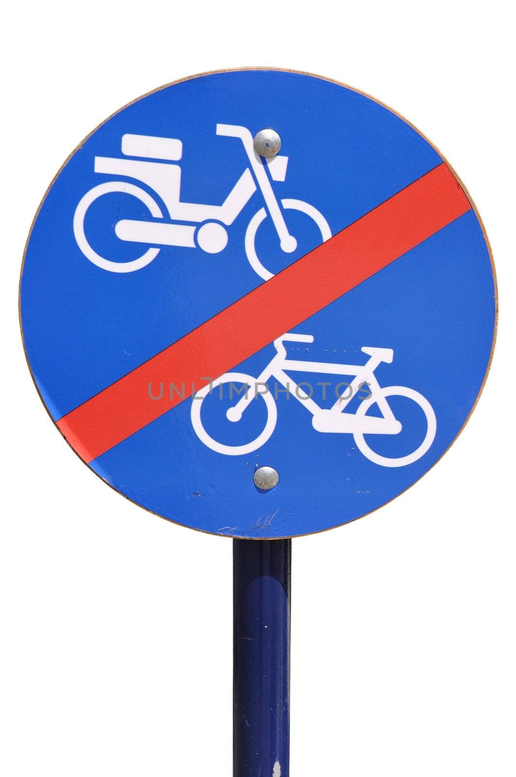 blue and white traffic sign advising no bicycle and no motorcycle (isolated on white background)