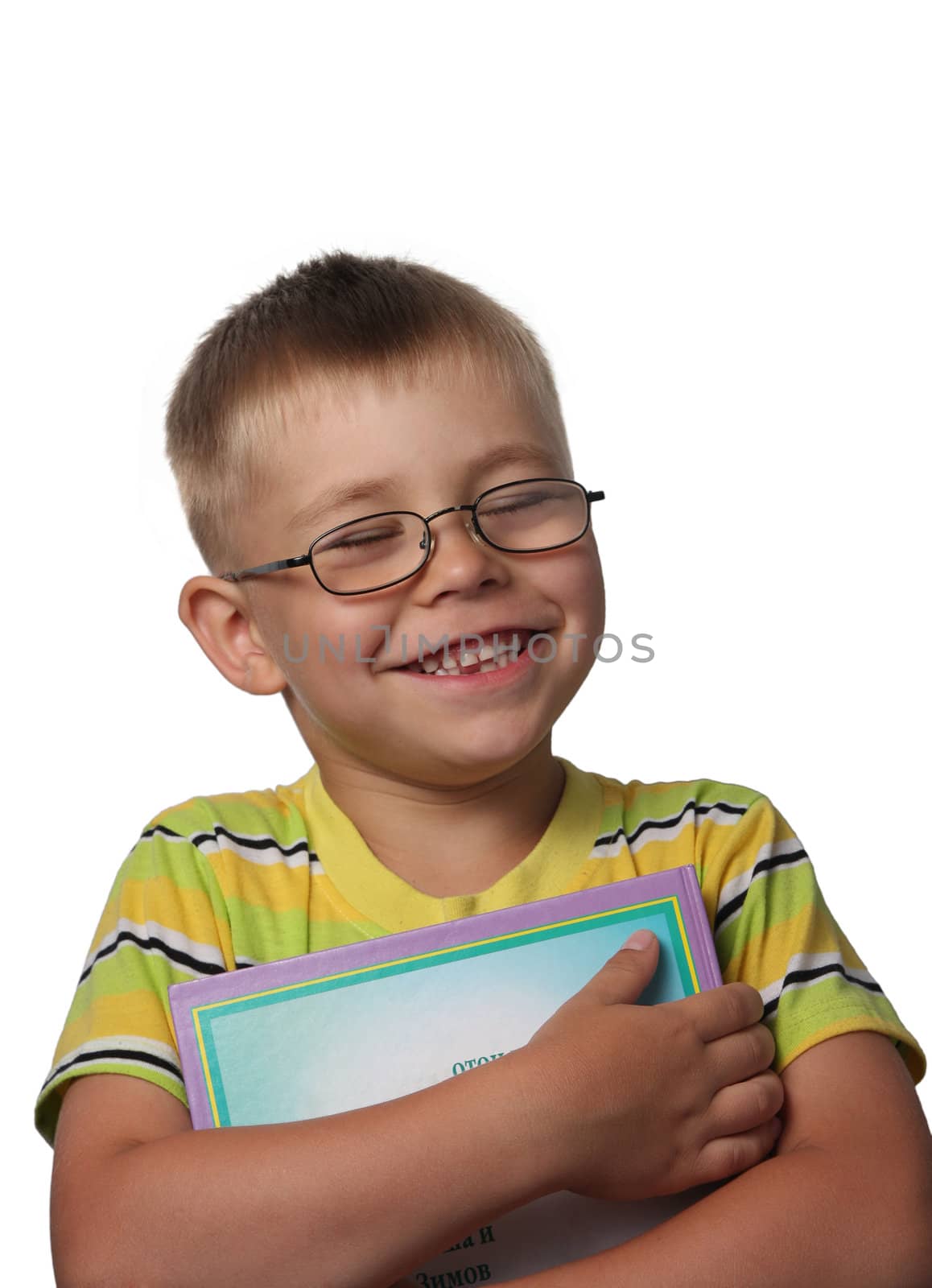 Laughing boy in eyeglasses with book