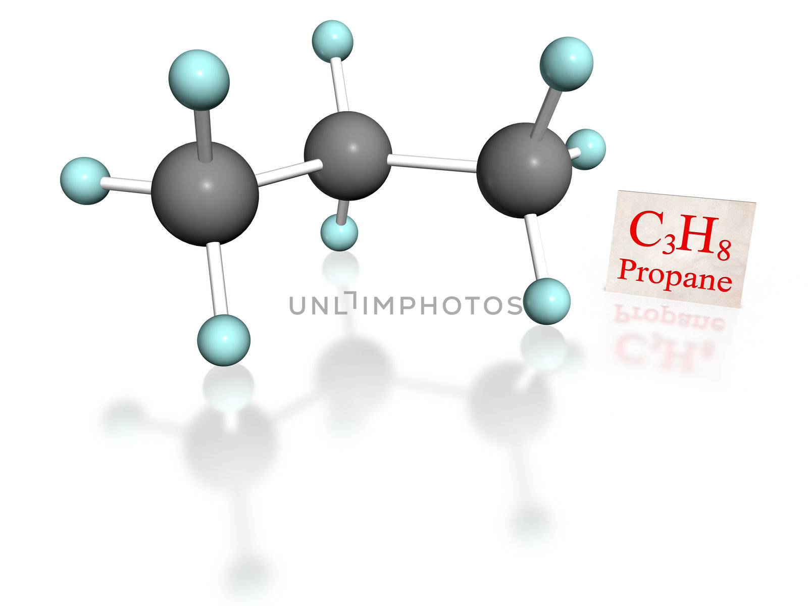 3D molecular model of propane with label on white background