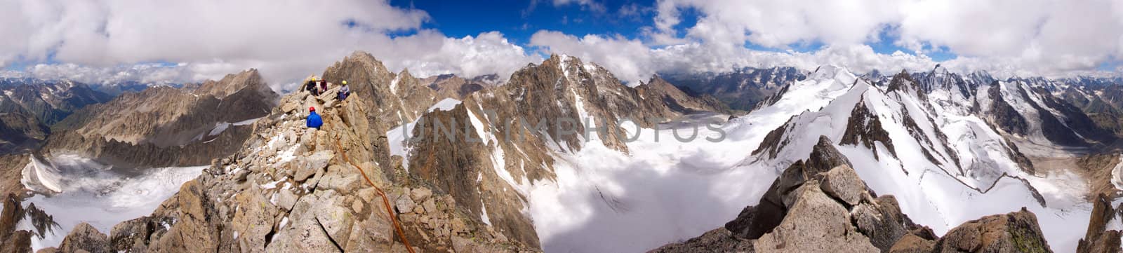 Panorama of Caucasian mountains with climbers at the top - 360 by saasemen