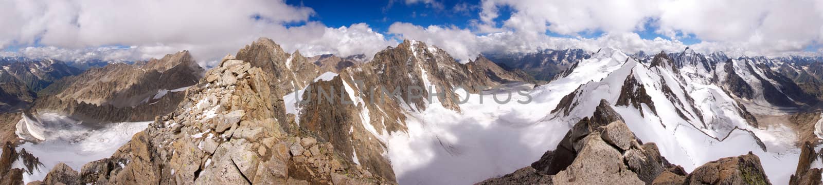 360 degree panorama of the Caucasian mountains from top Kichkidar, Russia