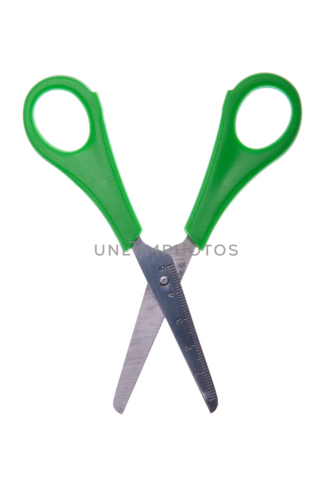 green scissors isolated on white background (scissor with ruler)