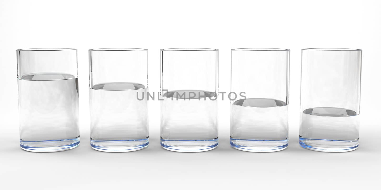 Five drinking glasses with different level of water in each