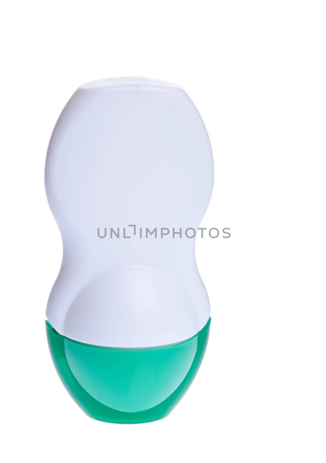 white and green roll-on deodorant bottle isolated on white background