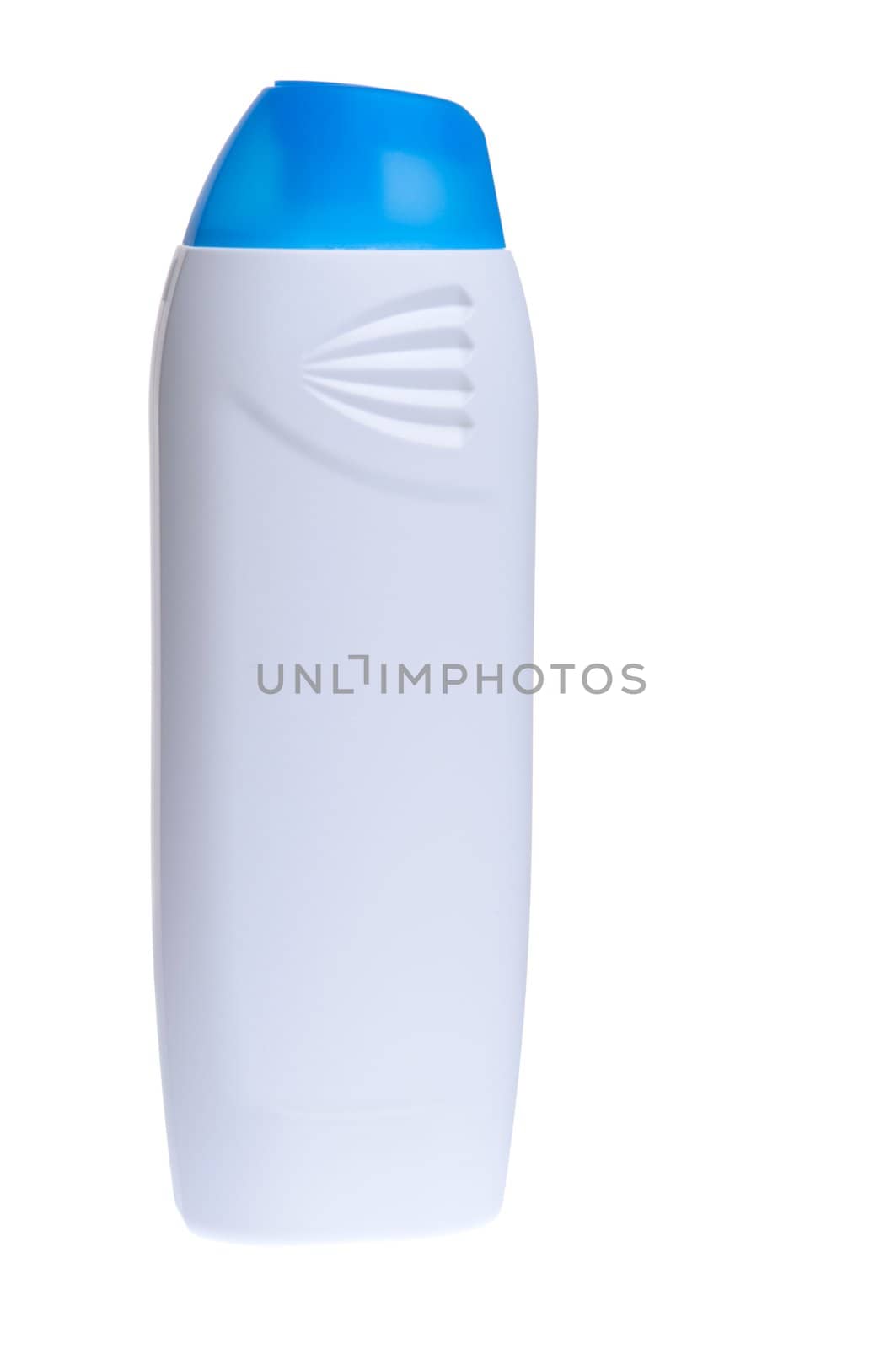 blue and white shower gel plastic bottle isolated on white background