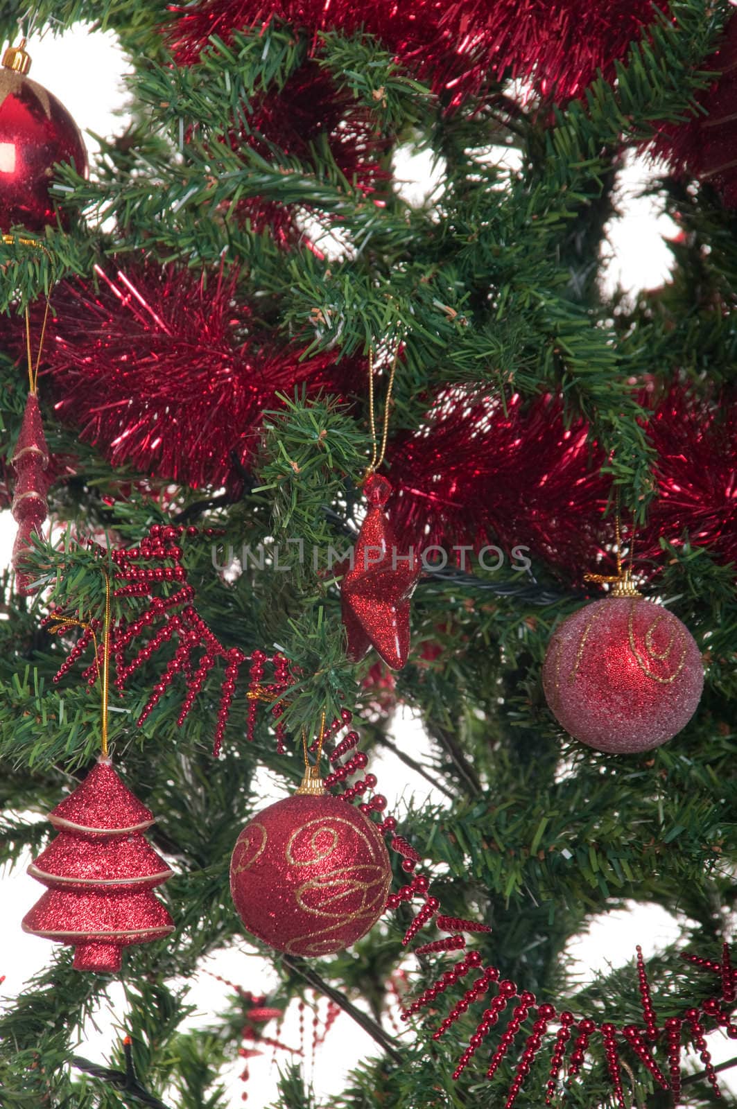 decorated christmas tree close-up background (typical green and red colors)