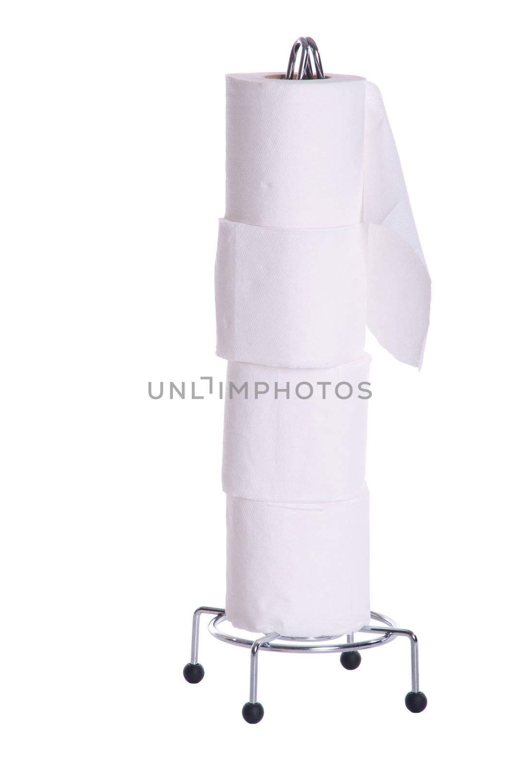 rolls of toilet paper on metallic accessory (isolated on white background)