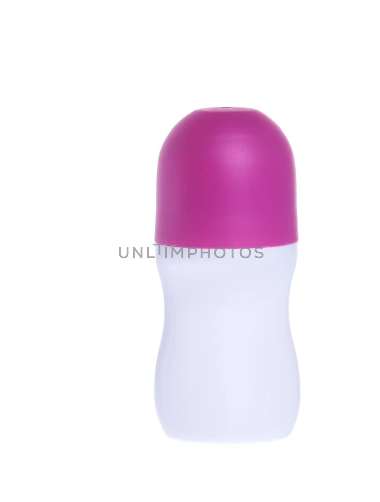 white and purple roll-on deodorant bottle isolated on white background 