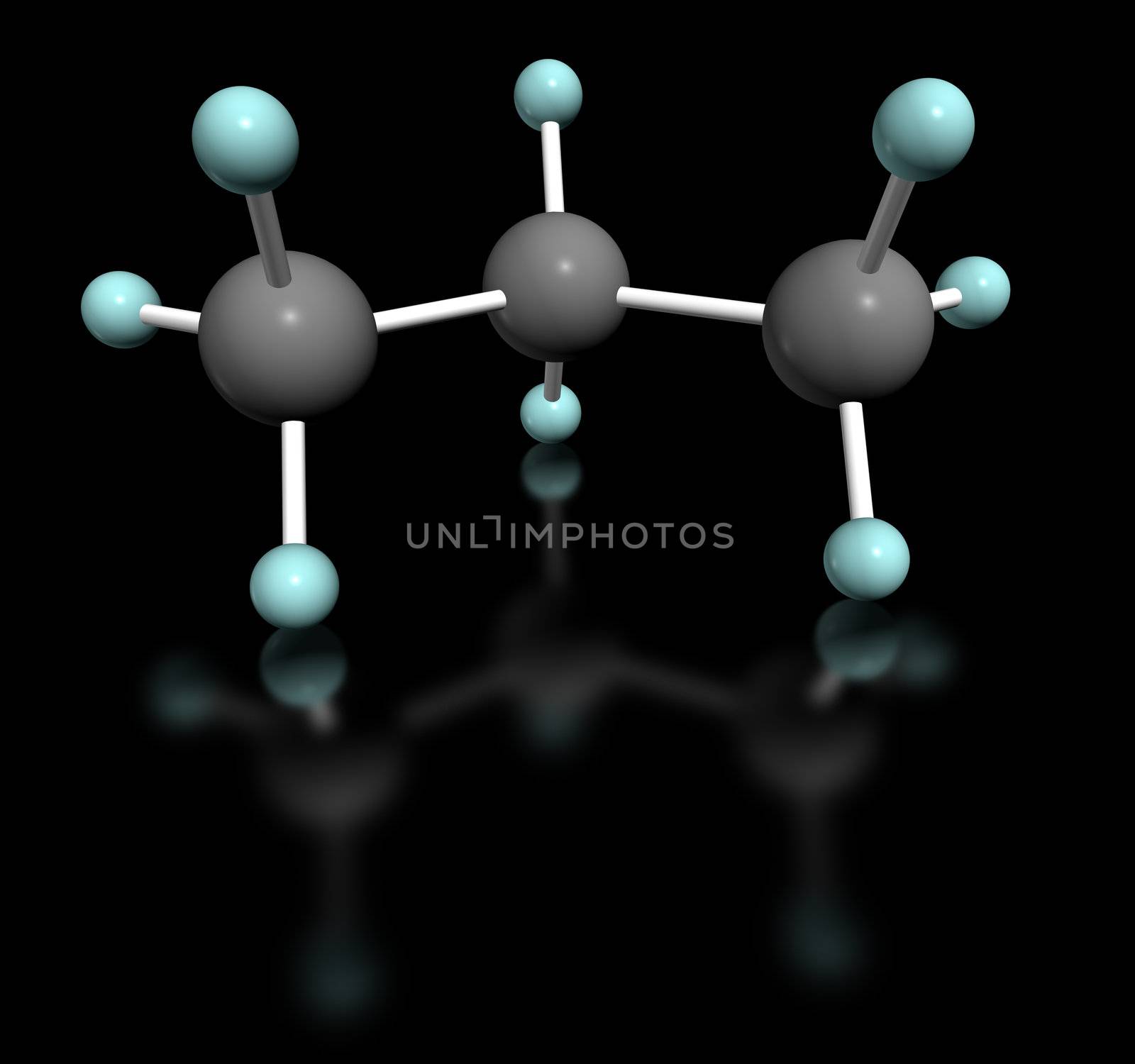 3D molecular model of propane on black background