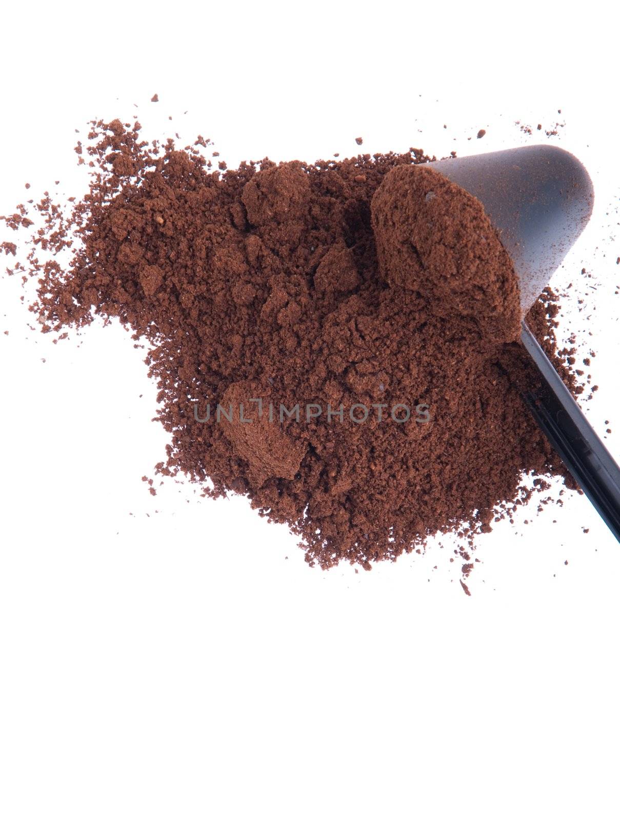 fresh coffee powder with spoon isolated on white background