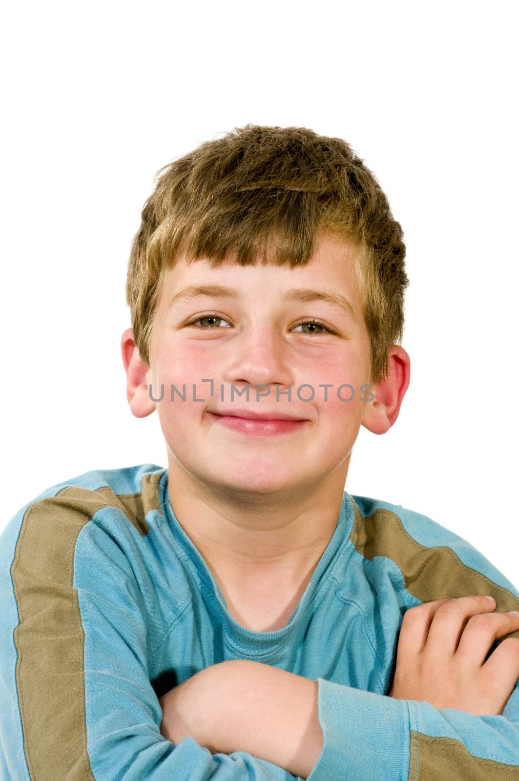 
	
Portrait of smiling boy in a green jacket on a white background