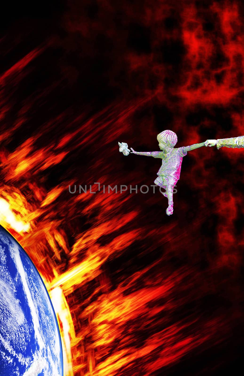 Earth gets more and more dangerous in many ways, e.g. through global warming, caused by the greenhouse effect, or the burning of natural ressoures such as oil and gas. So, humanity has to leave Earth in a worst Case Scenario. The picture shows a kid reaching for his teddy before the heat kills him and his mother reaching for her boy