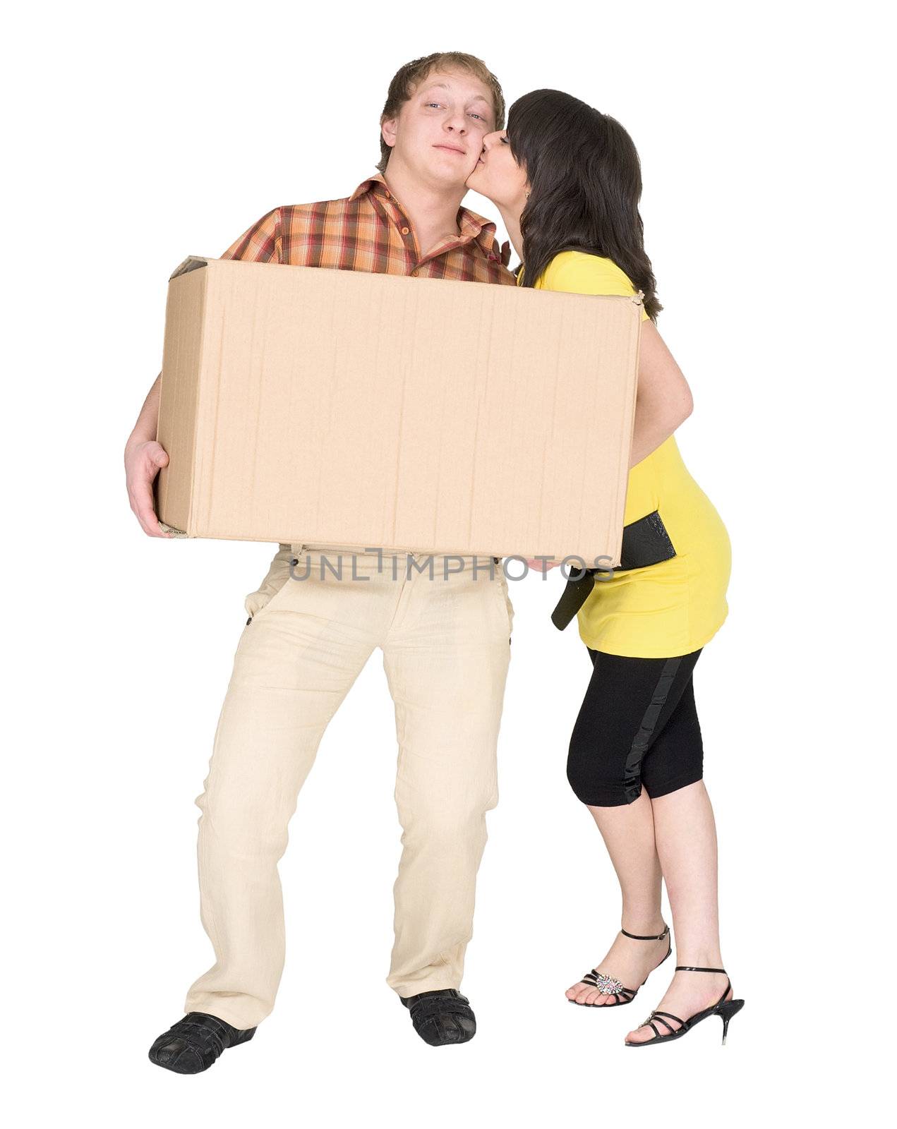 Girl kisses the guy holding a box by pzaxe