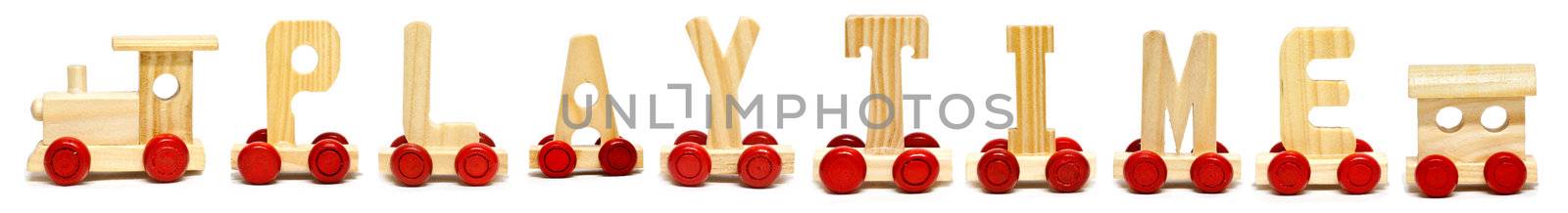 The word "Playtime" written with letters from a toy train