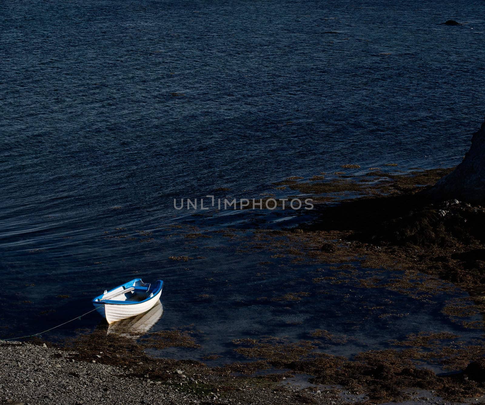 Blue and white  boat in small bay, Northern Norway