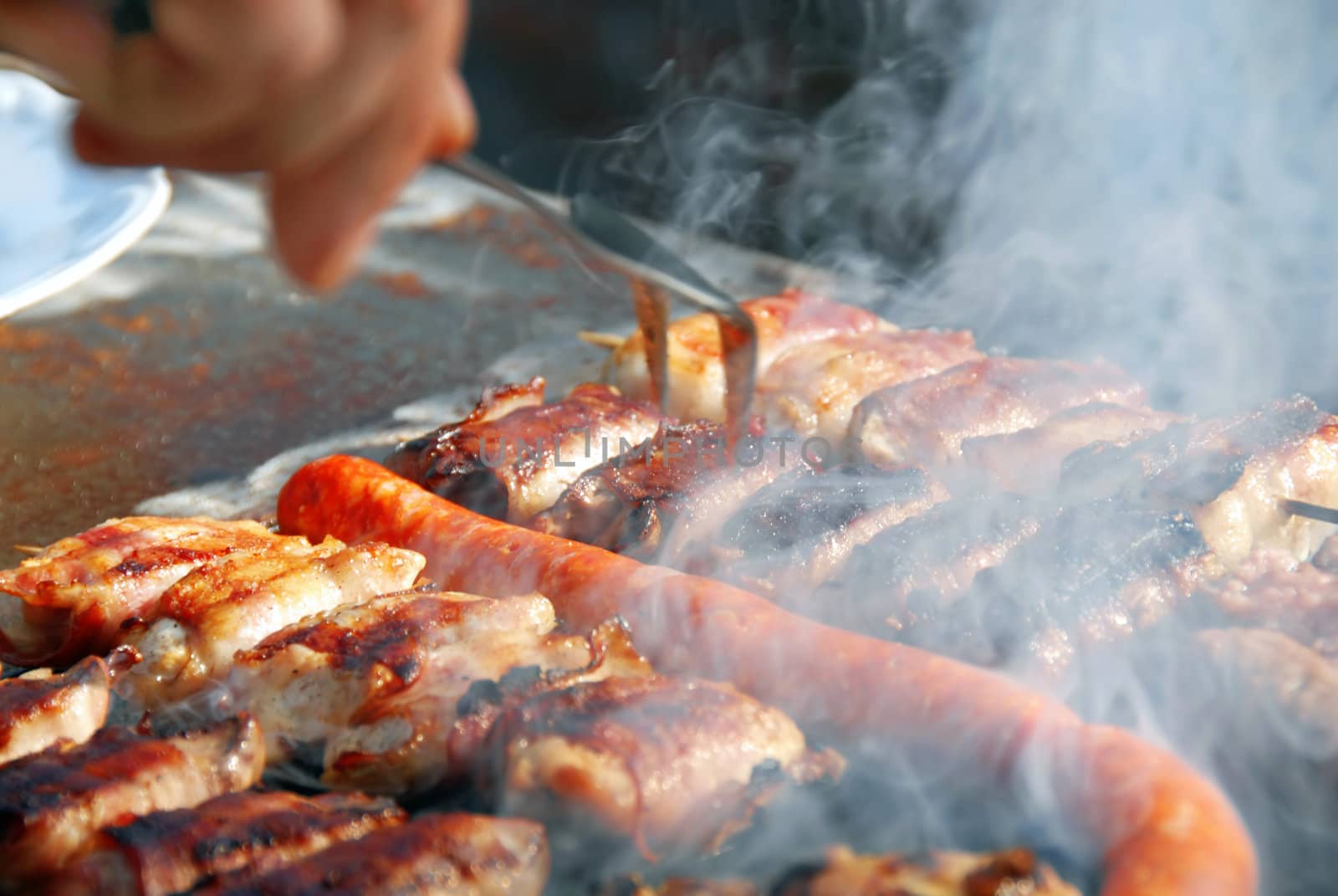 various meat grilled on barbecue in smoke closeup