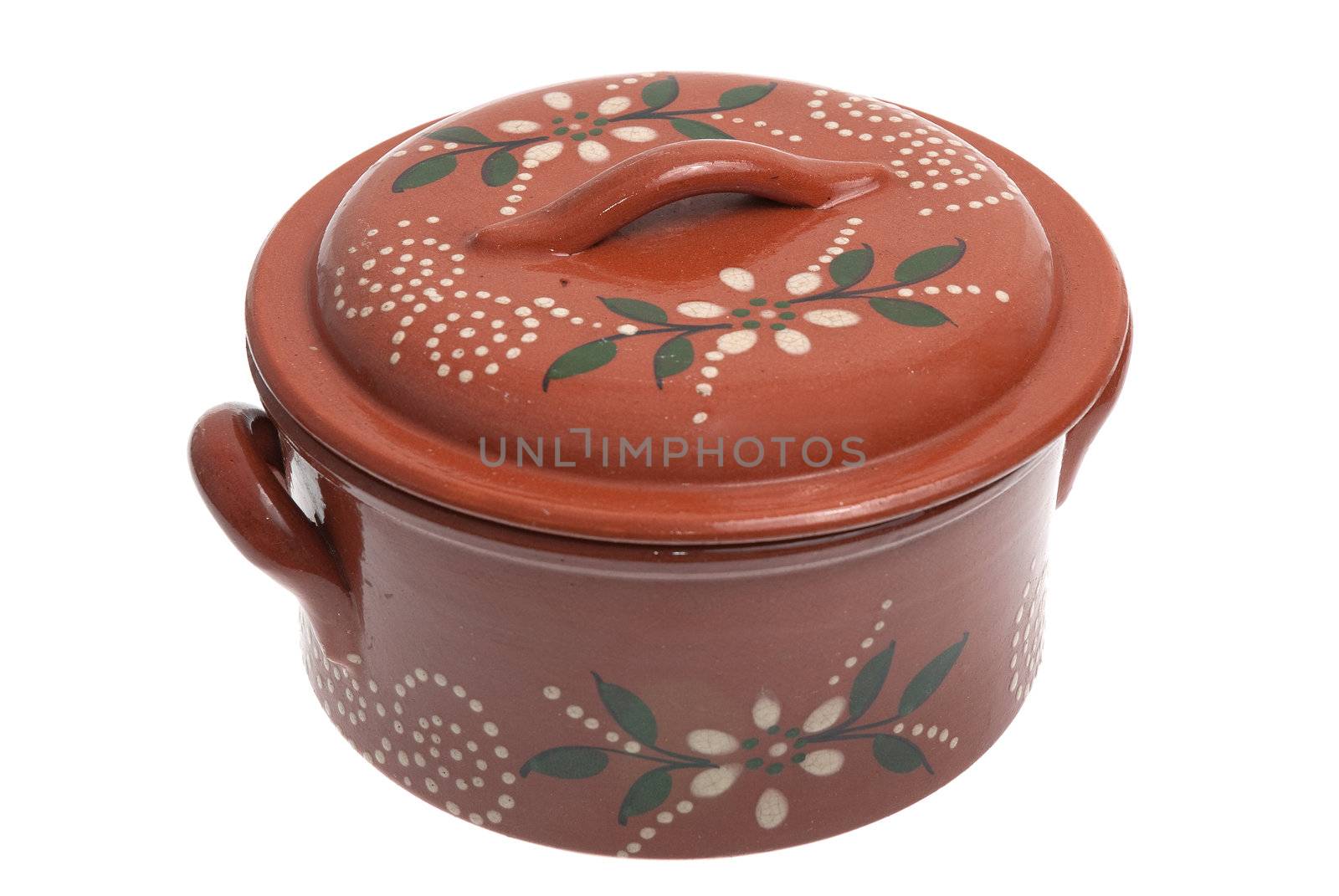 Clay pot for cooking isolated on white background.