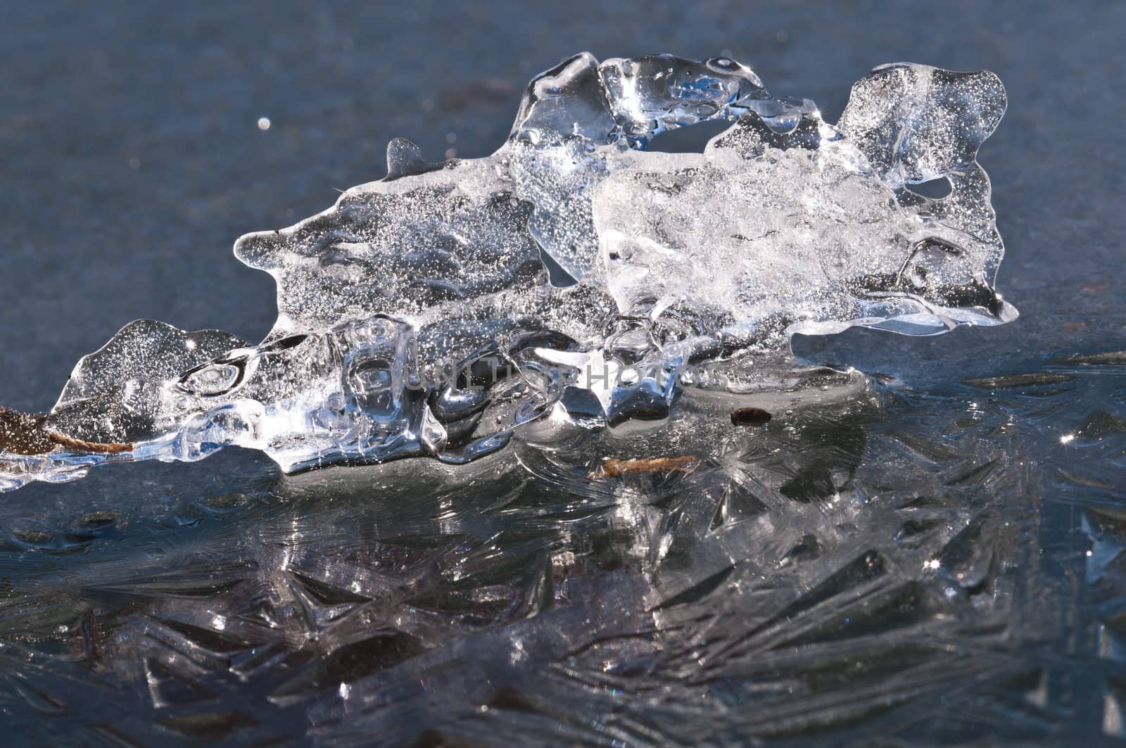 Ice formations on a pond surface in winter