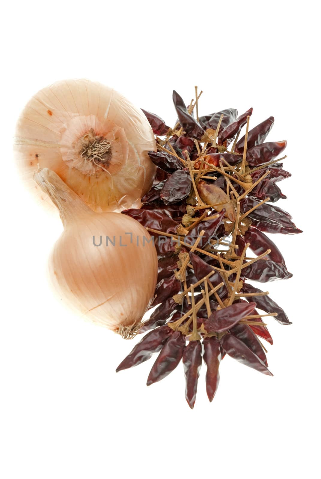 Two ripe onions with dry red peppers isolated on a white background.