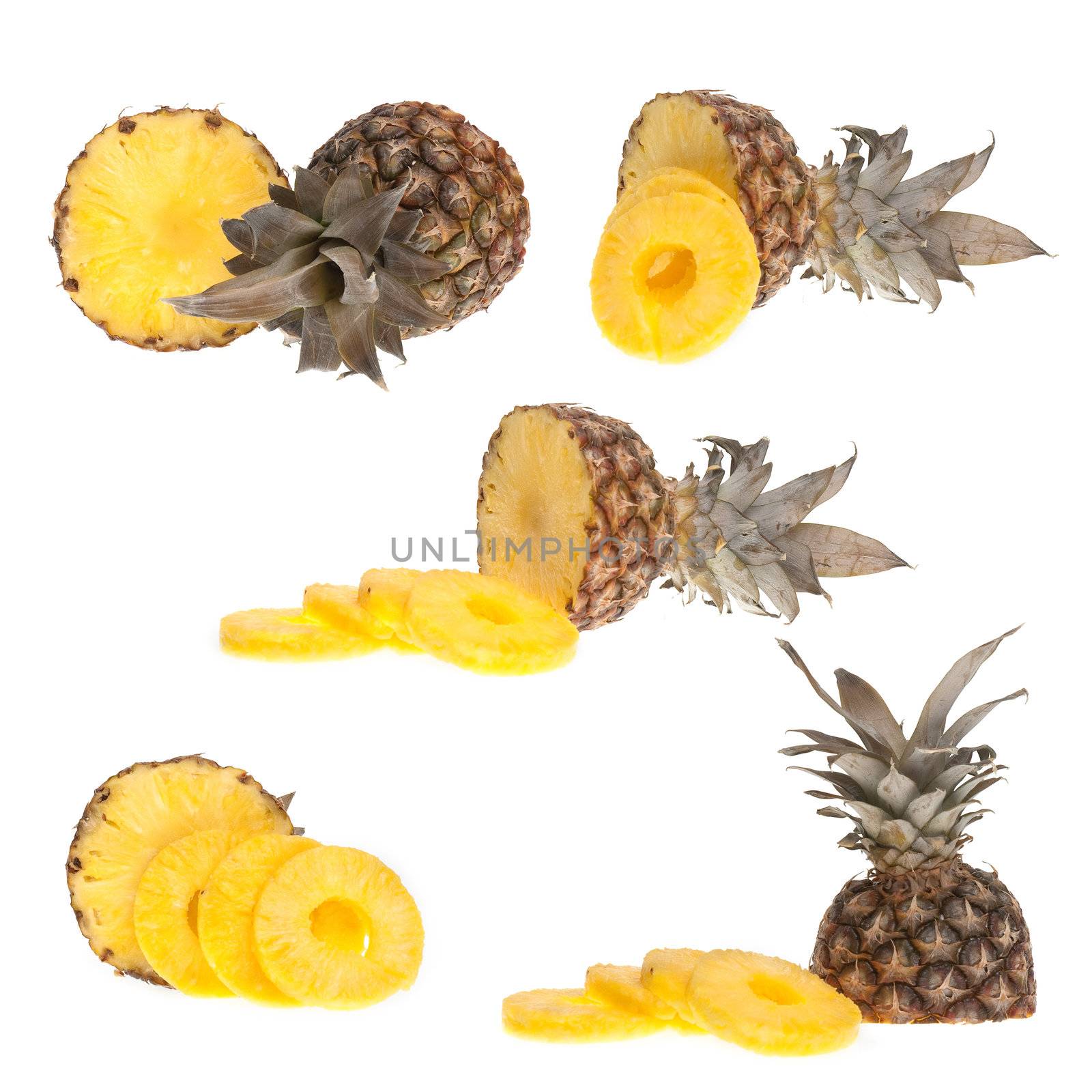 Whole and half pinapple detail isolated on white background.