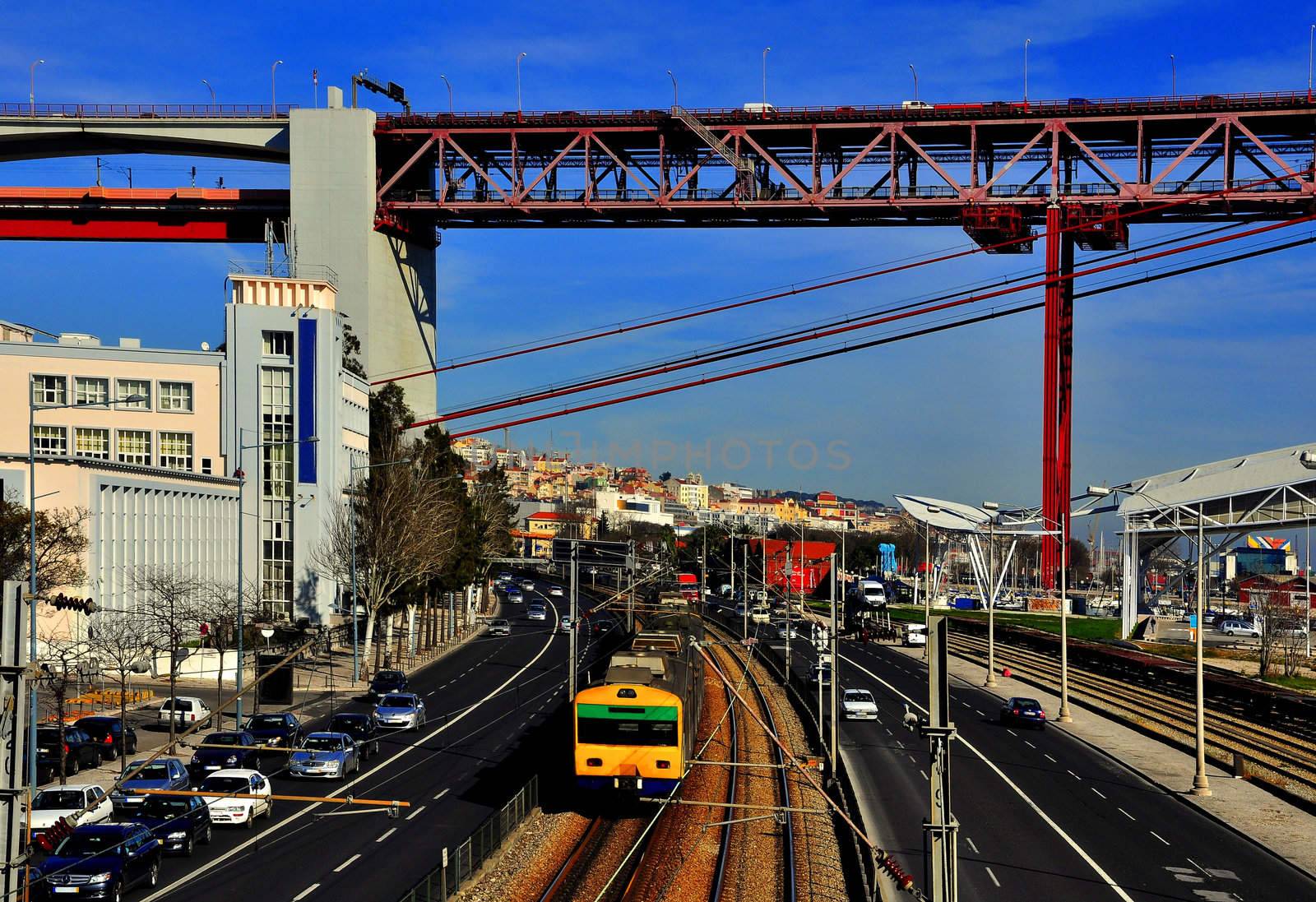 Transportation train cars in the city of Lisbon - Rail-road 2 storey bridge over the River Tejo