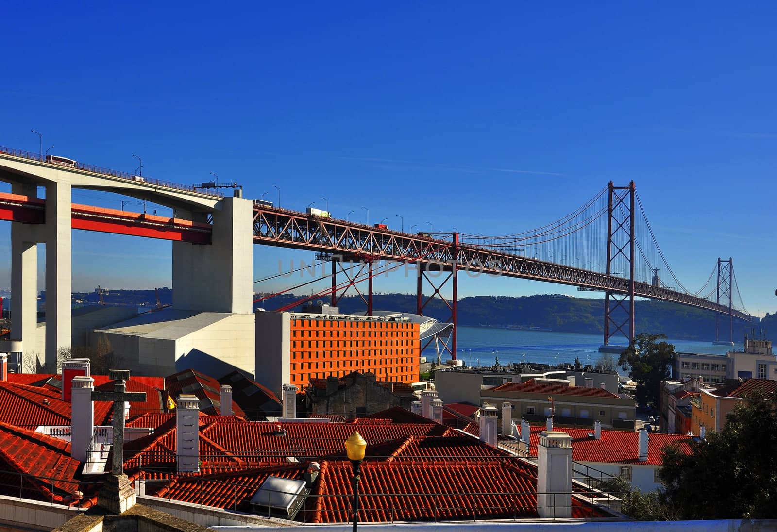 View bridge, roof chimneys, in the city of Lisbon