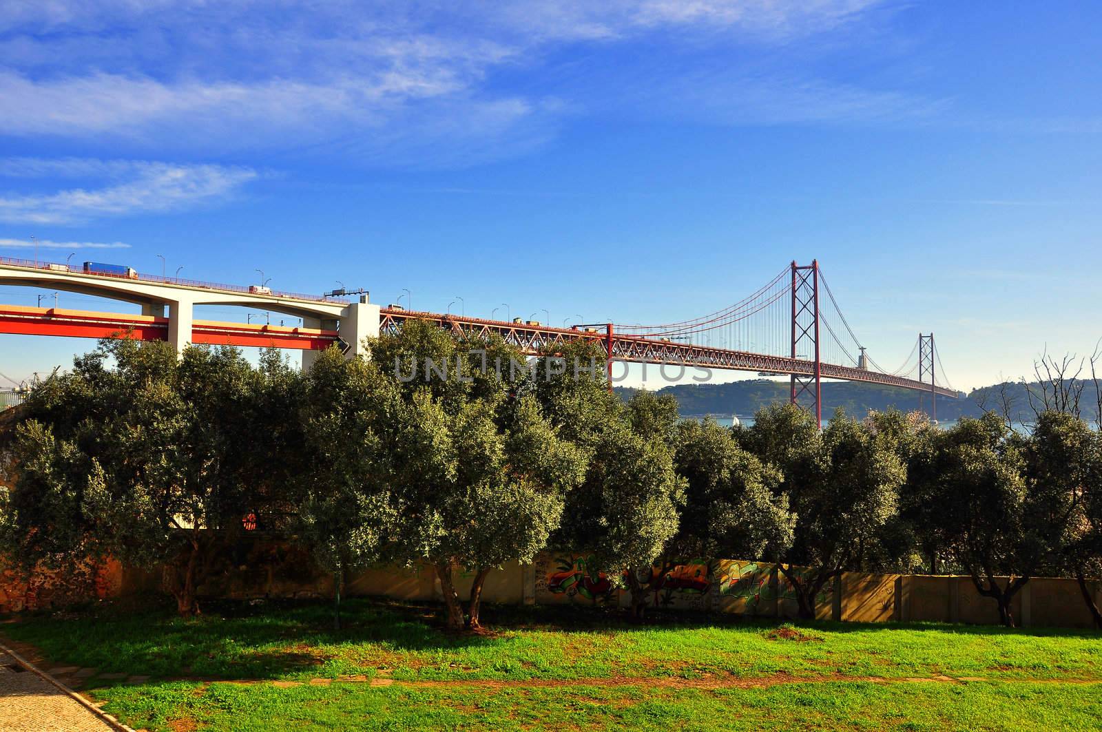  
Construction of the bridge, railway and transport bridge
Portugal Lisbon Bridge on April 25 architecture