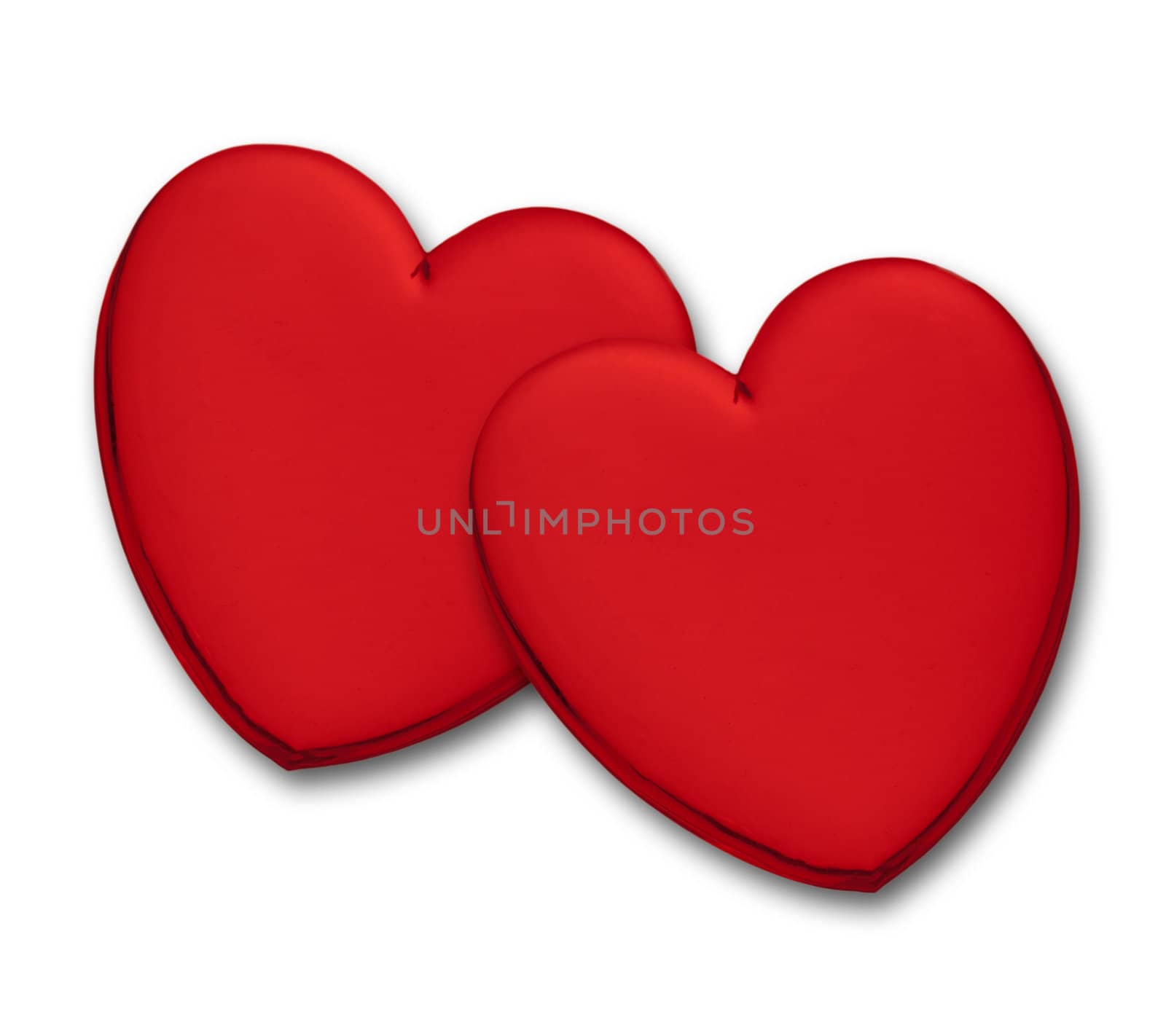Two glossy red hearts on white background.