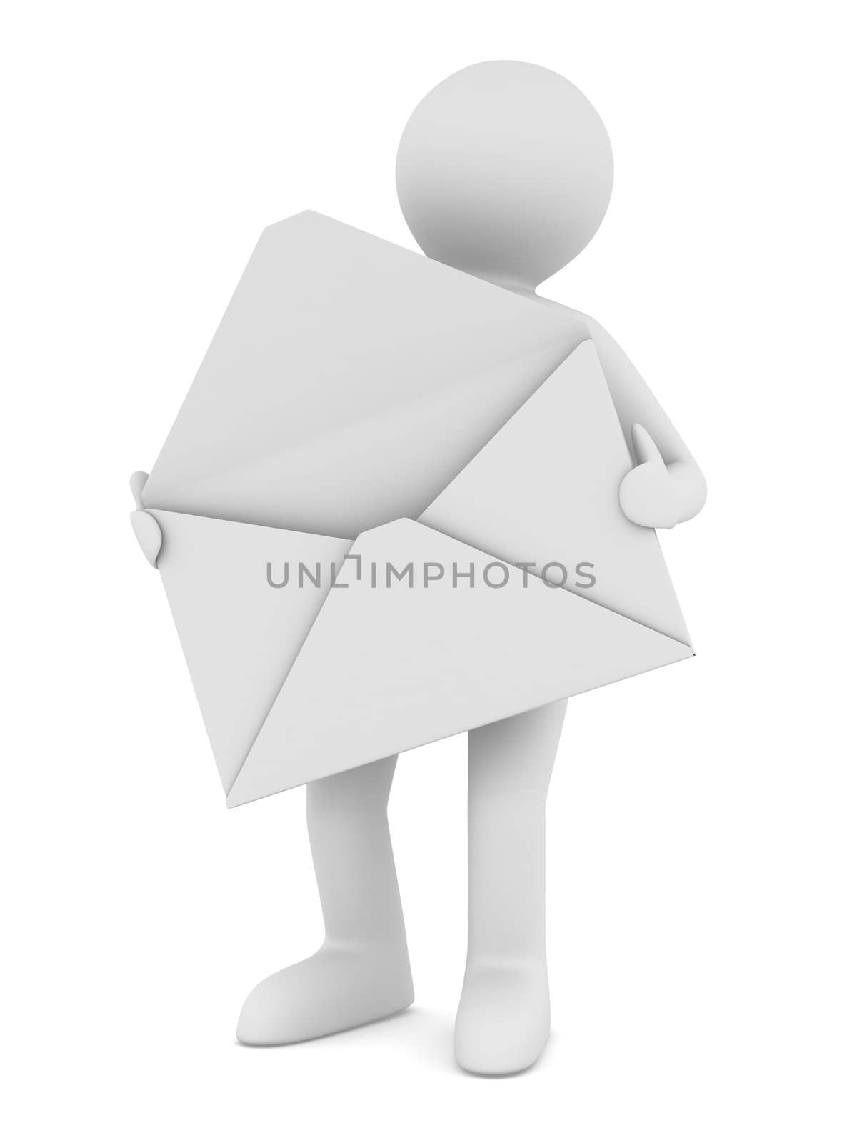 postman with open envelope. Isolated 3D image