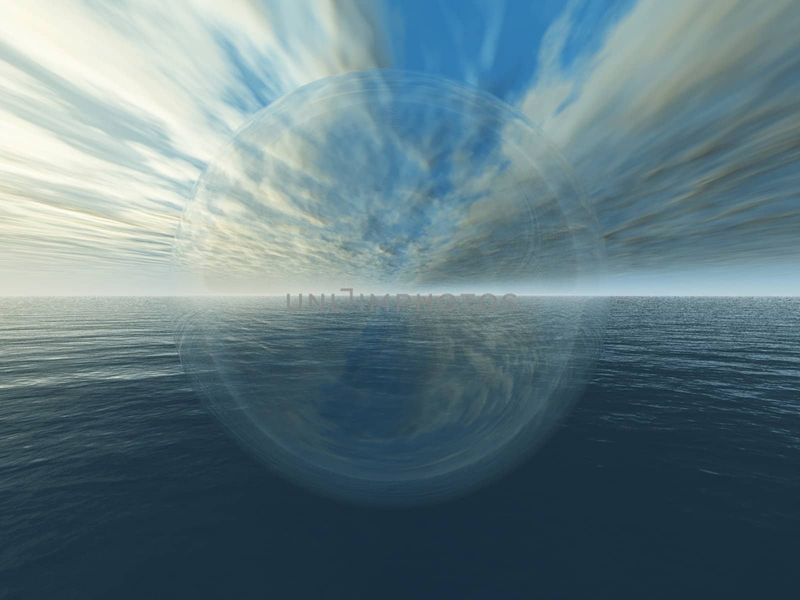 This image shows a 3d render with crystal ball,sky and ocean