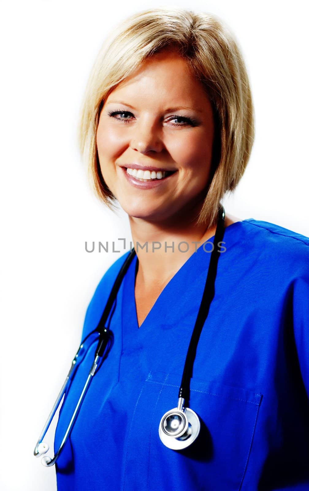 Mature nurse in blue scrubs with stethoscope.