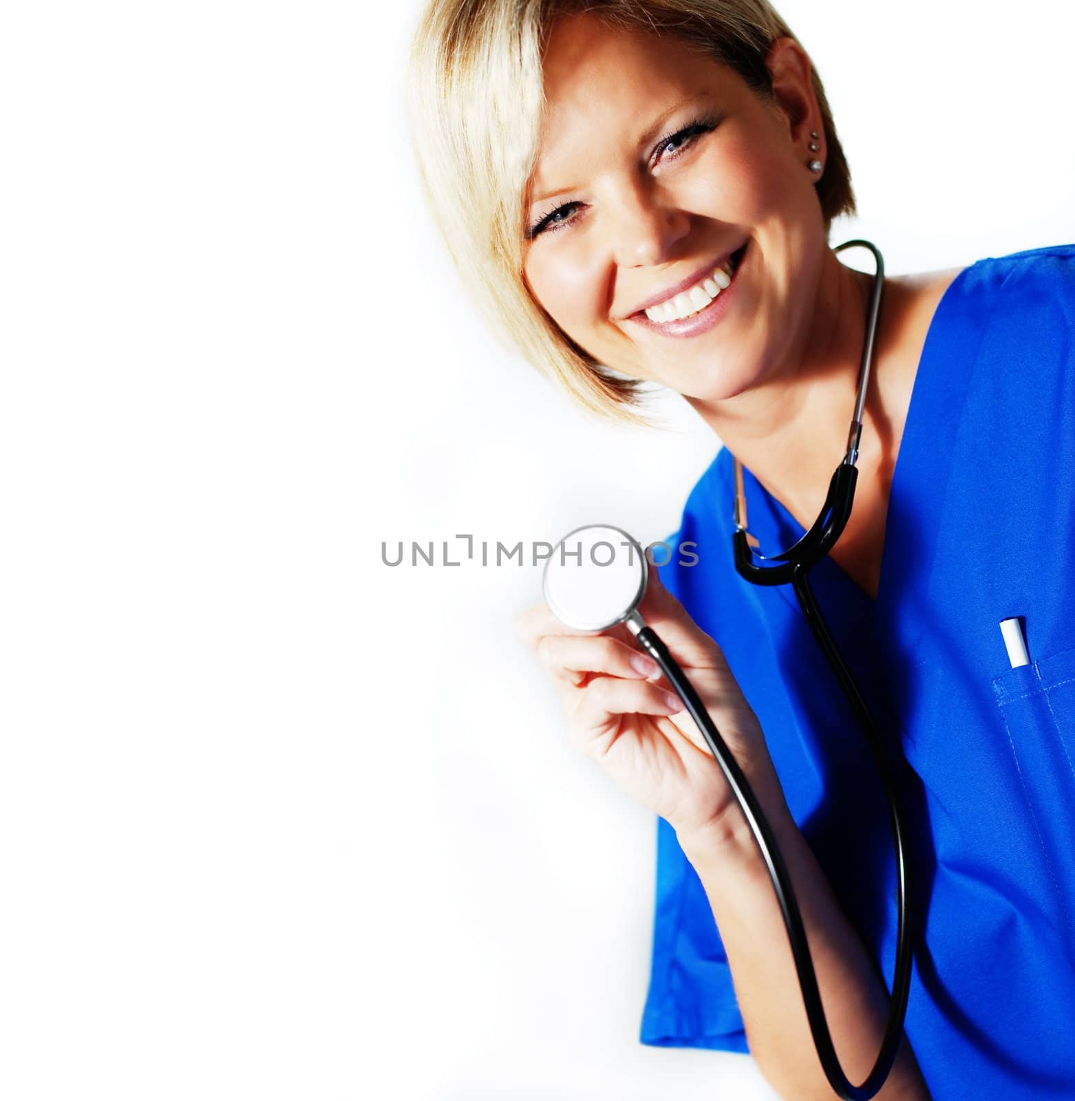 Mature nurse in blue scrubs with stethoscope.