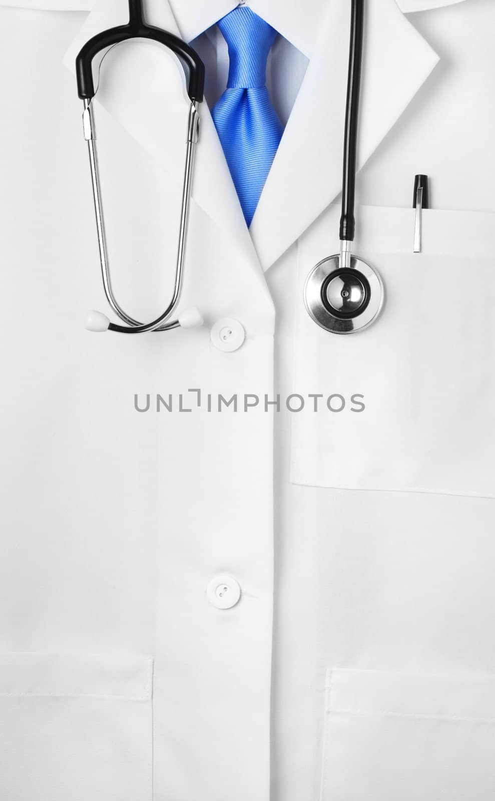 Close up of a doctors lab white coat.