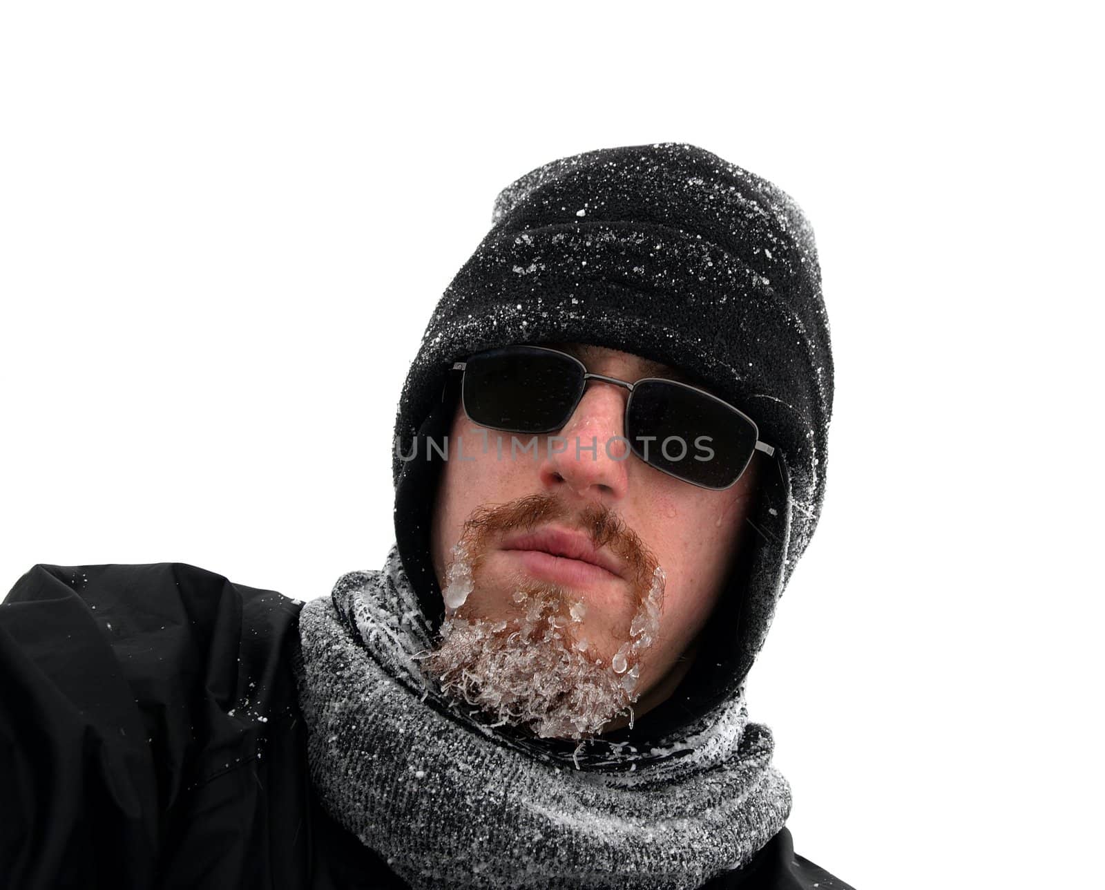 Man with frozen beard isolated on white