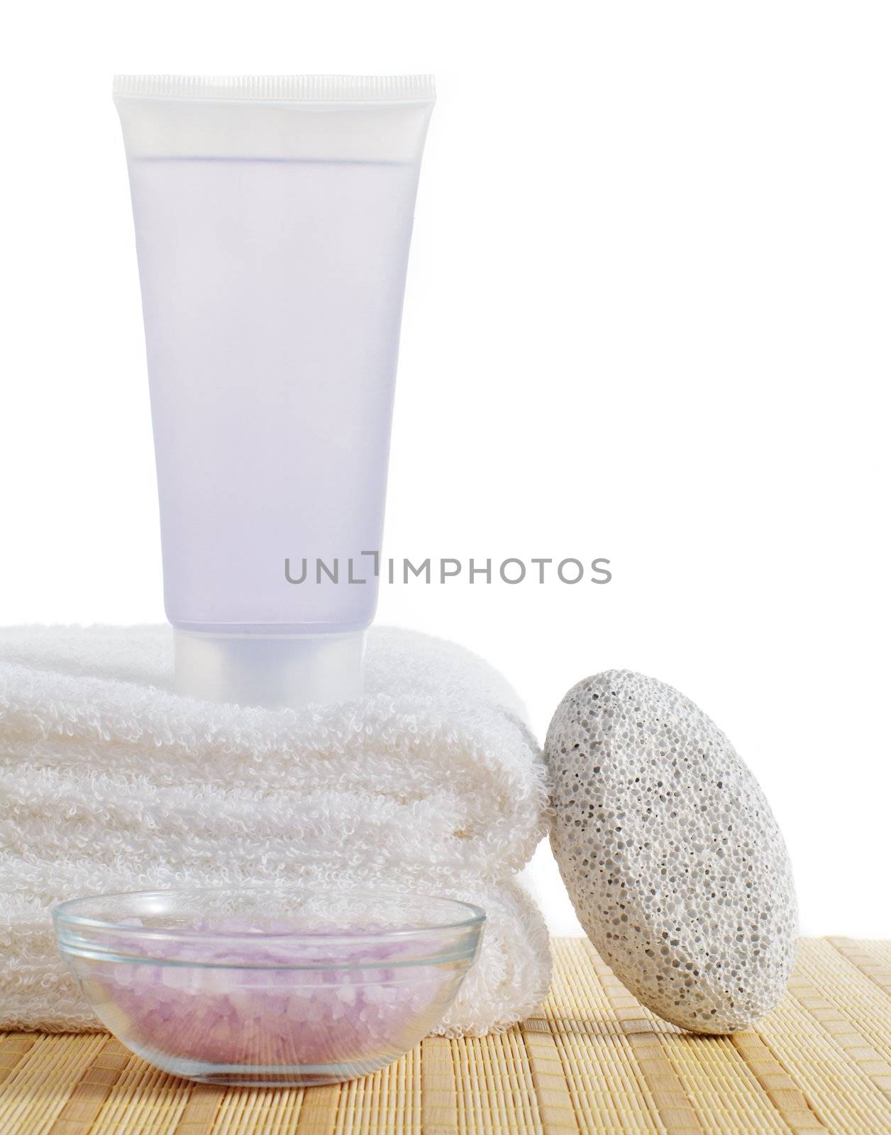 Bath products being displayed against a white background.