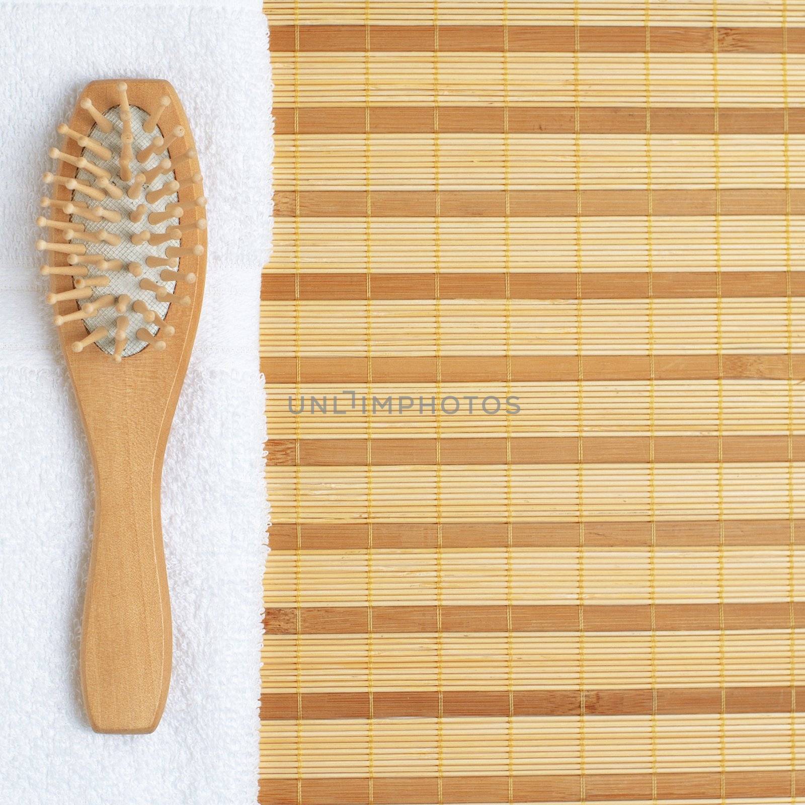 Brightly lit spa display on top of a bamboo mat.