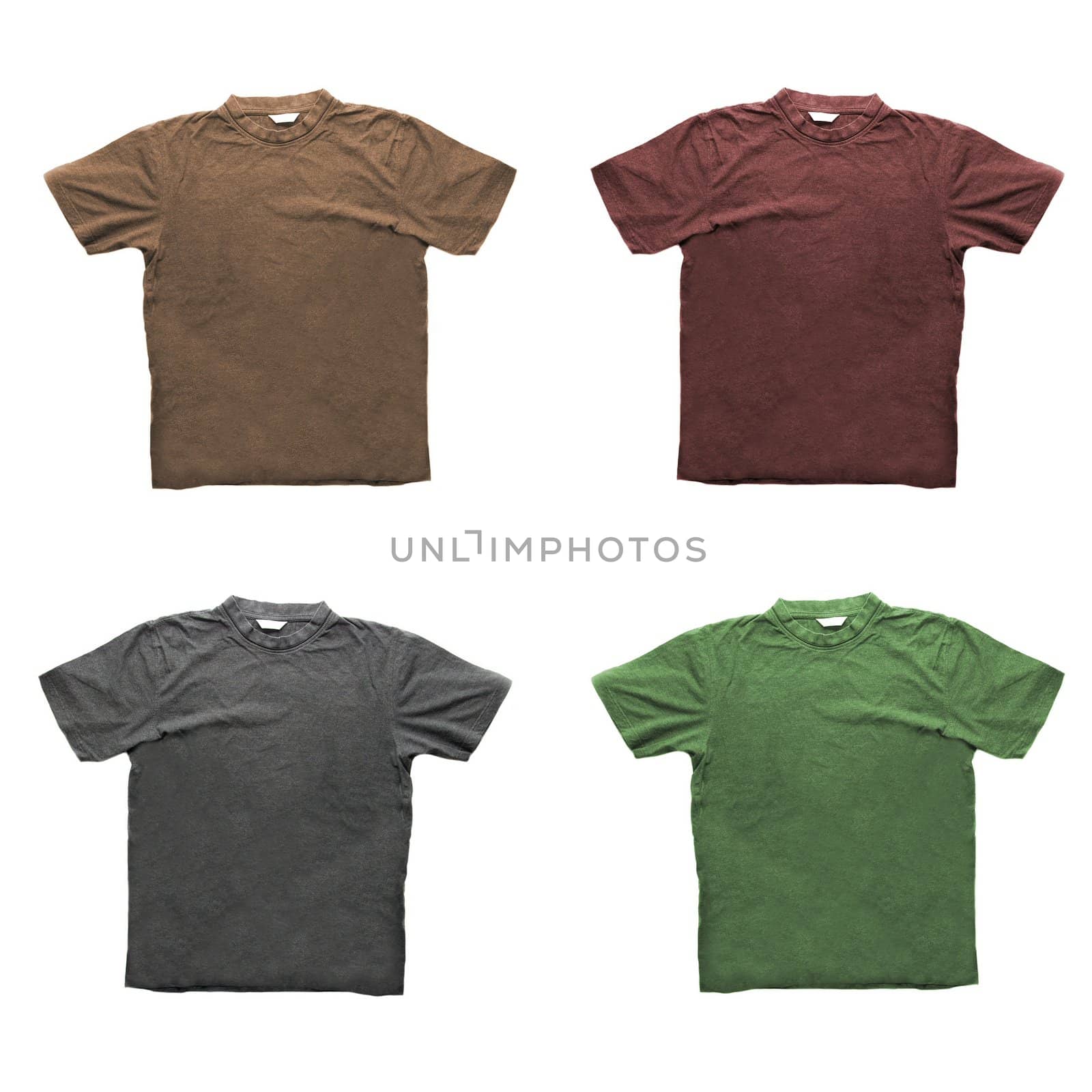 Four t-shirts in different colours isolated on white
