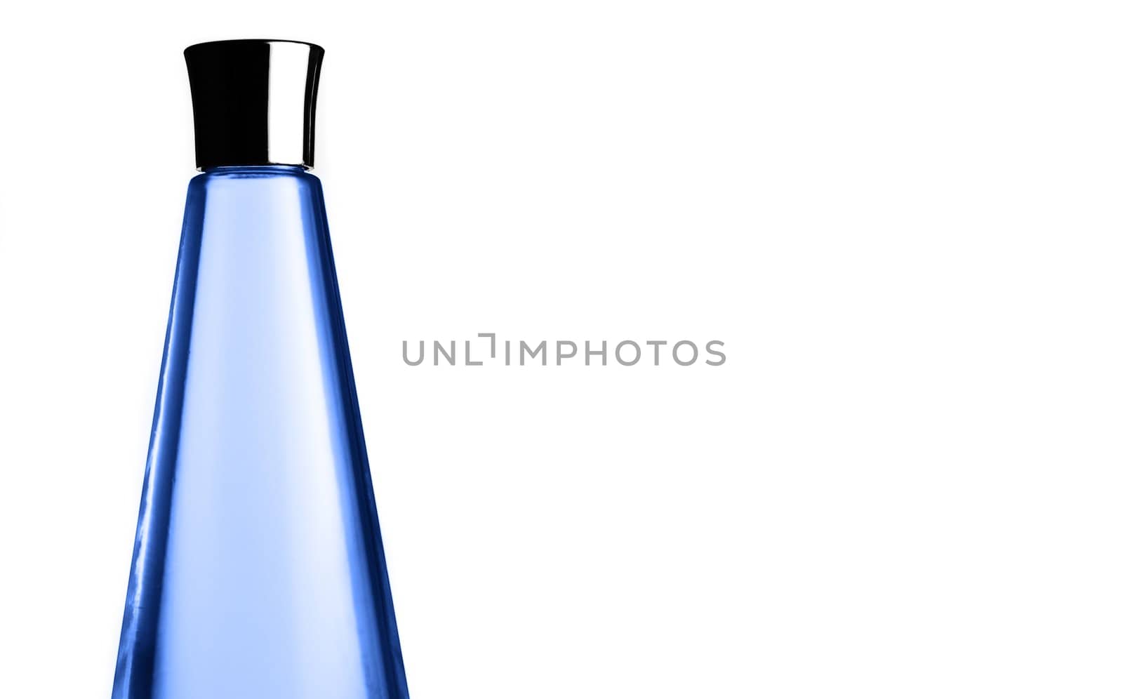Blue, shiny, modern bottle against a white background.