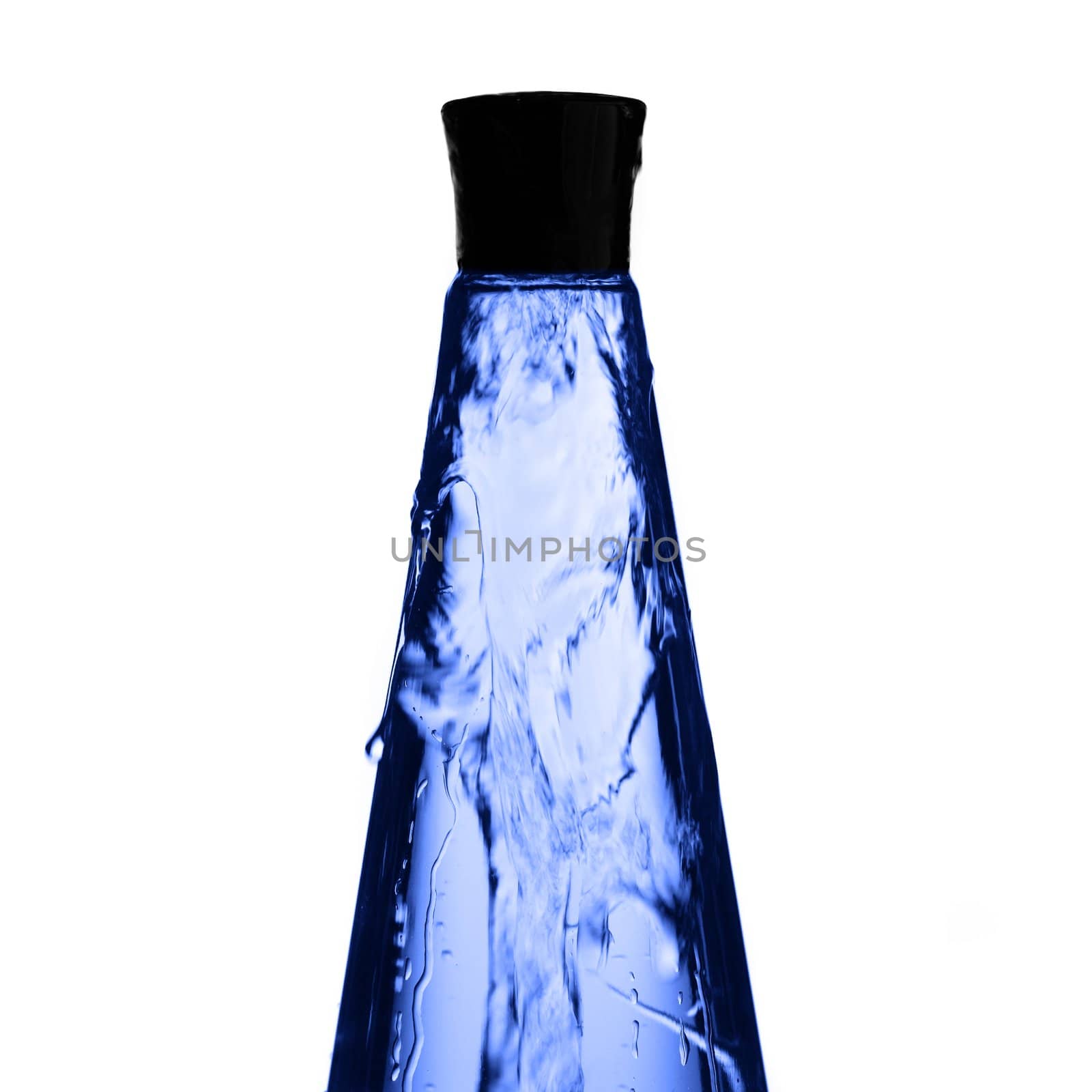 Blue modern looking bottle with water falling down its sides.
