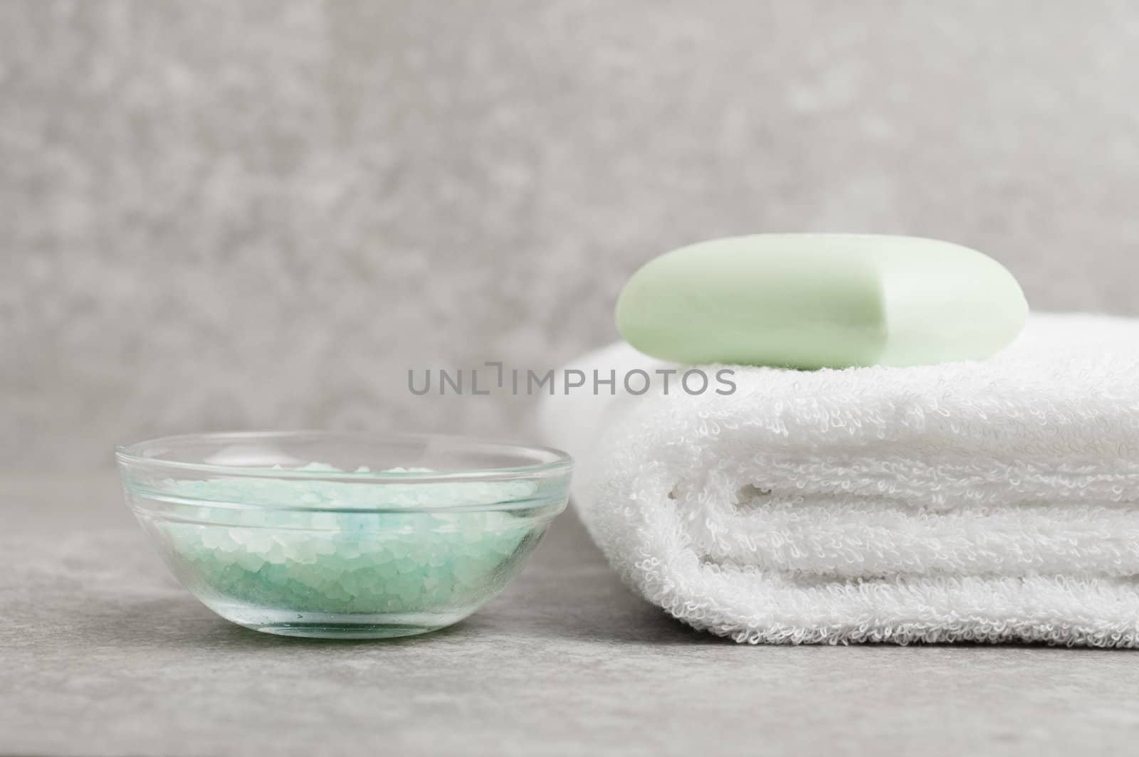 Spa display against a gray stone background.