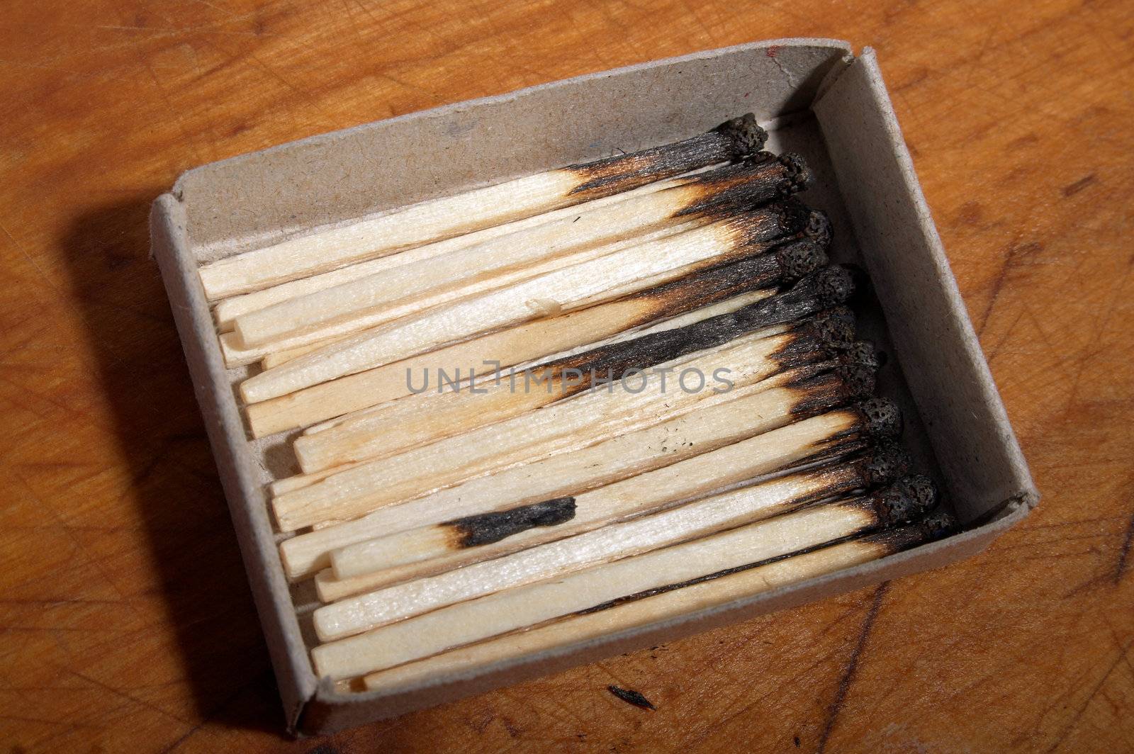 Box with burnt matches on a wooden table