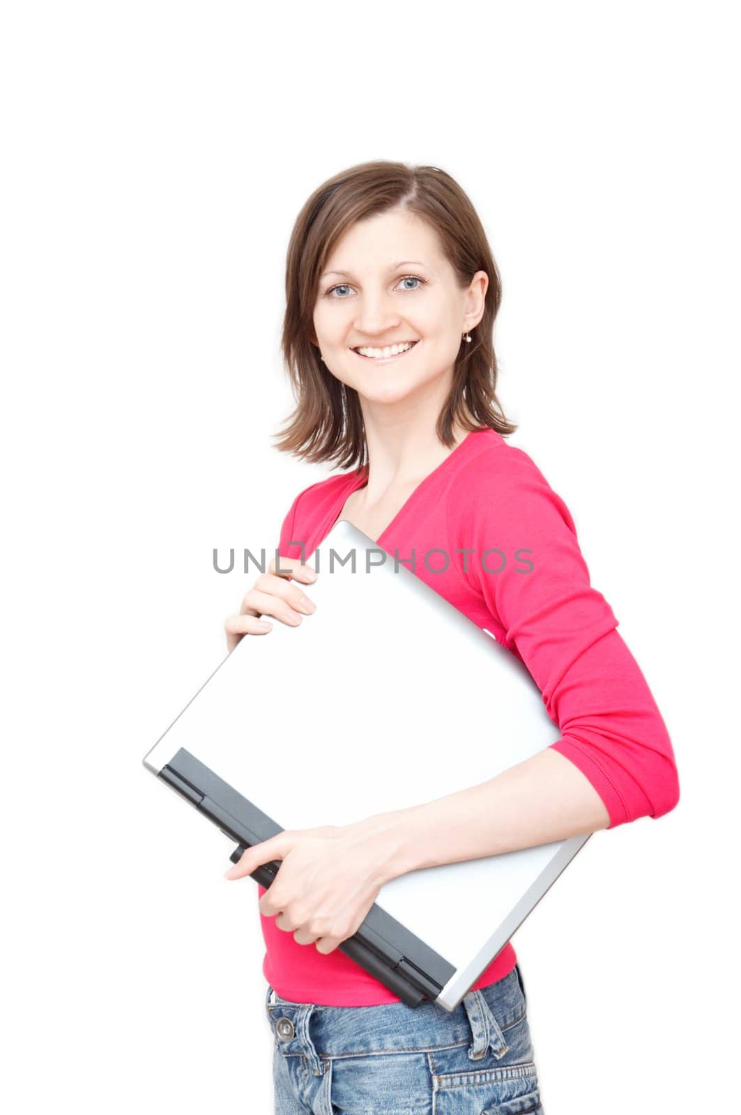 smiling woman holding laptop