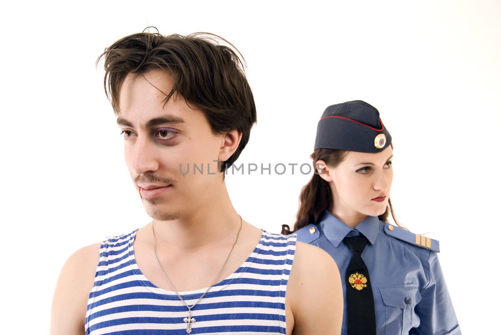 policeman and criminal in foreground 