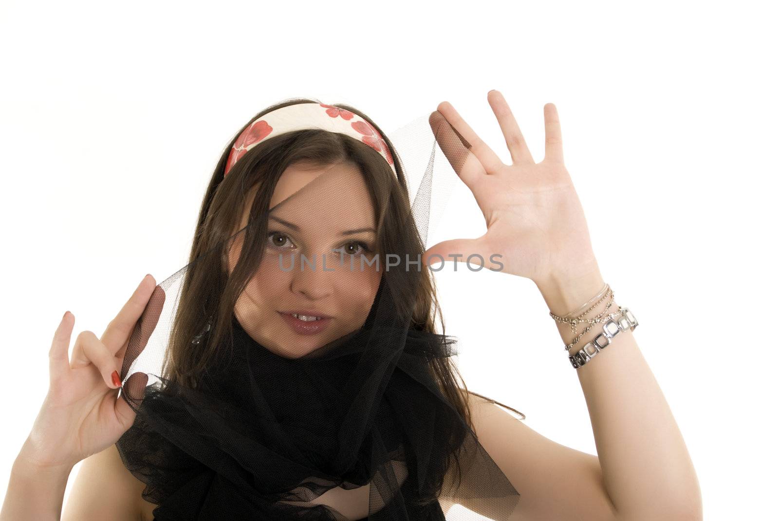 Portrait of a young beautiful brunette over white