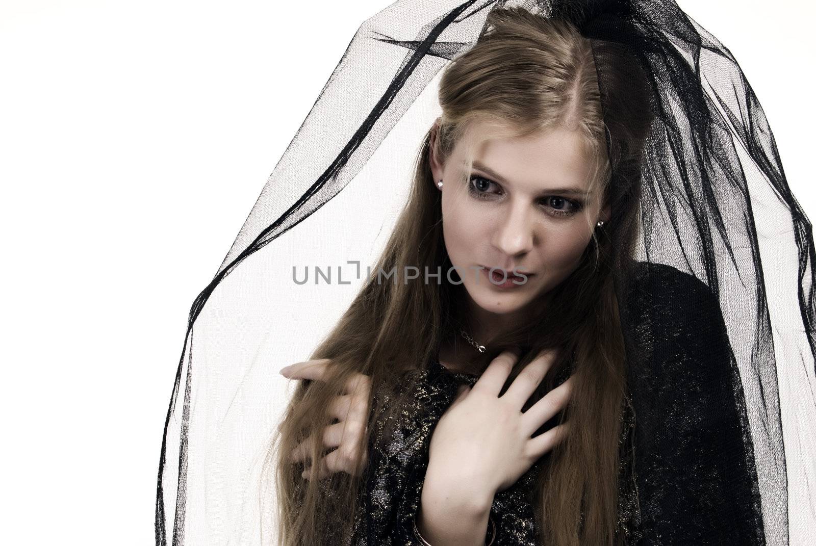 Beautiful young bride in black isolated on white