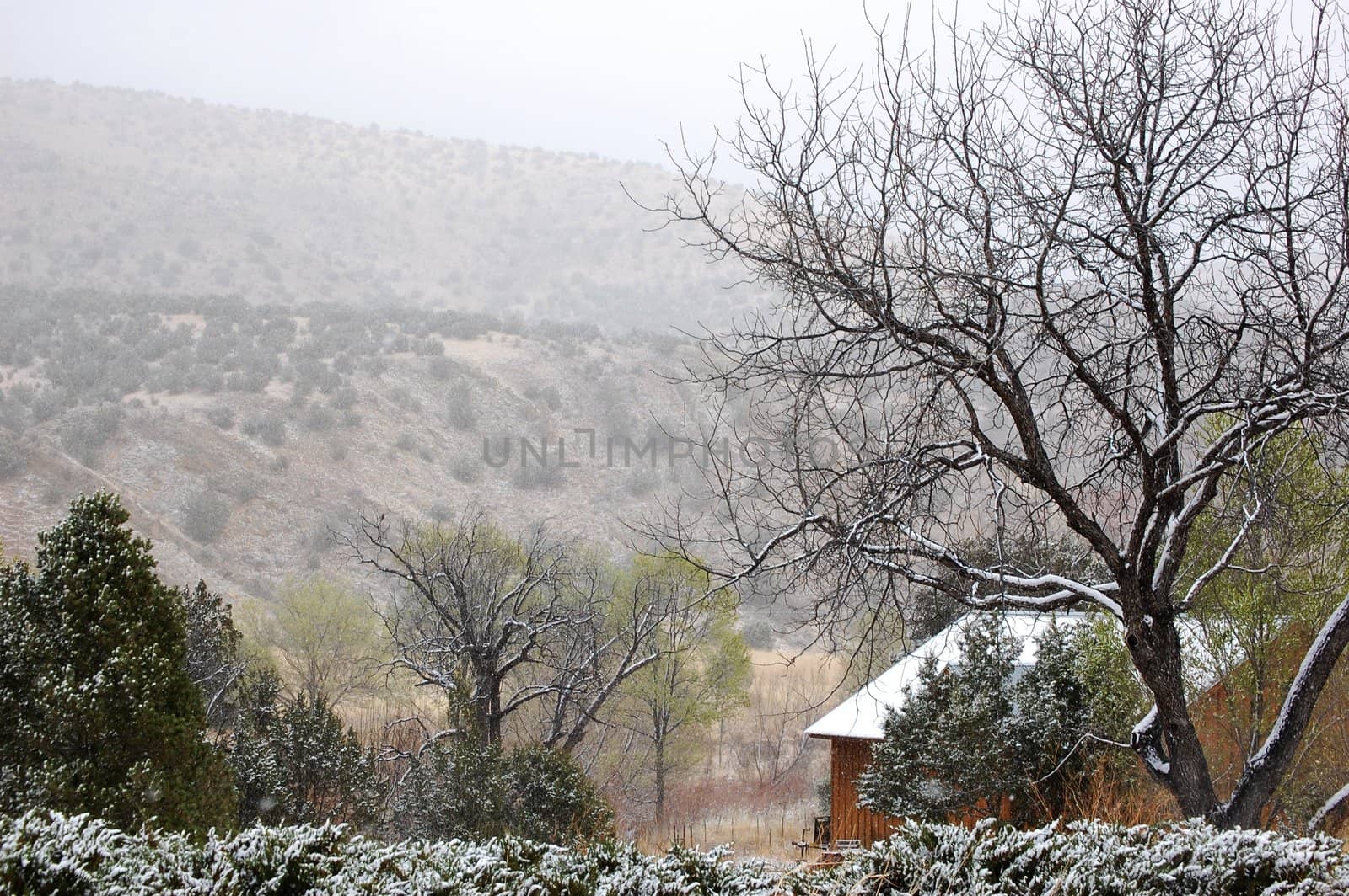 Winter cabin in the mountains by RefocusPhoto