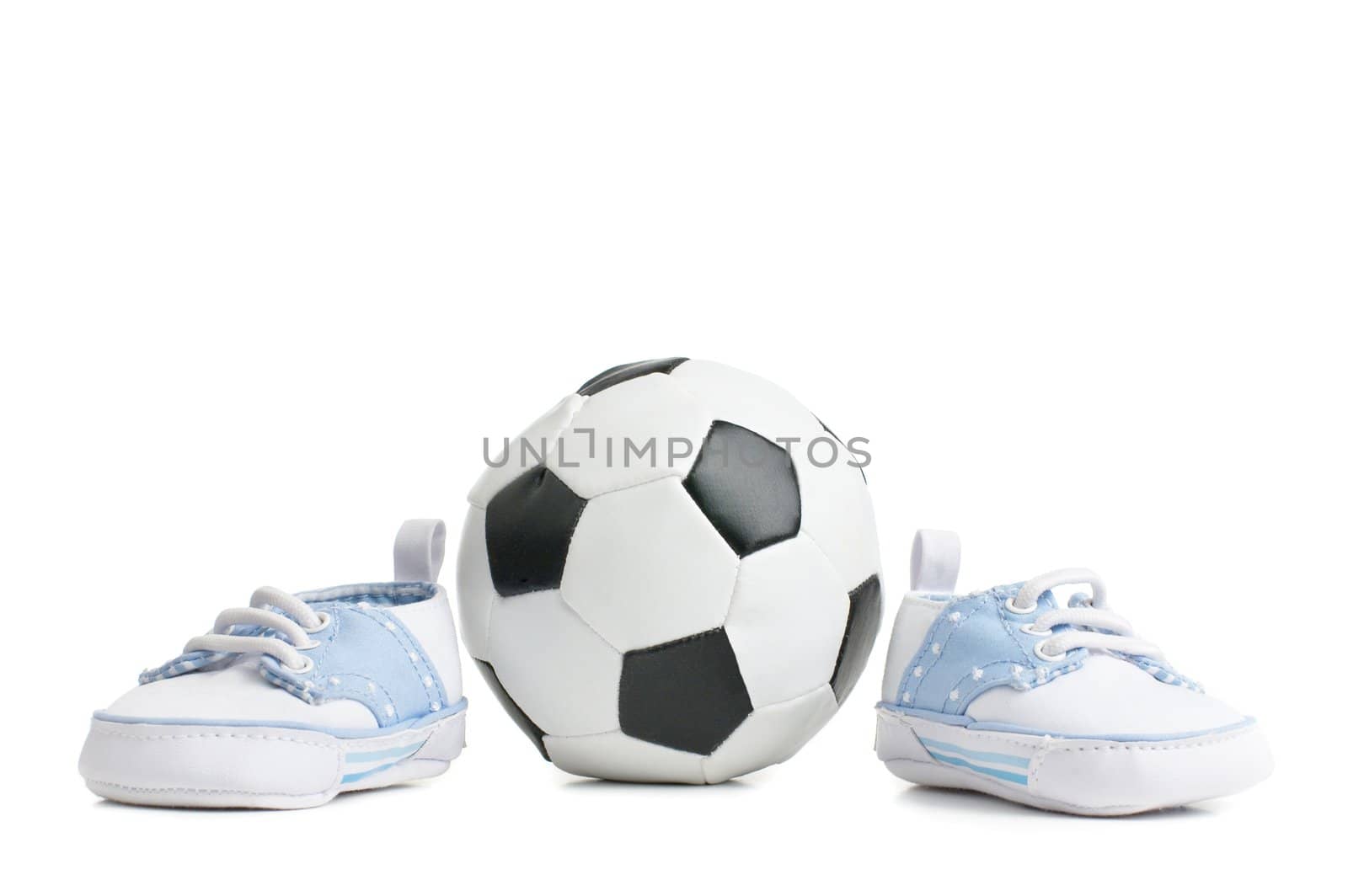 A football / soccer ball with baby shoes, on white.