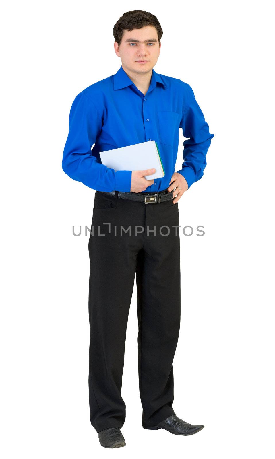 Man with books in a hand on a white background